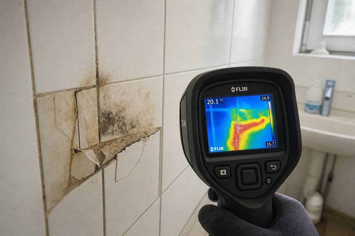 Verdecktes Leck hinter Badwand mit Thermografie-Kamera geortet